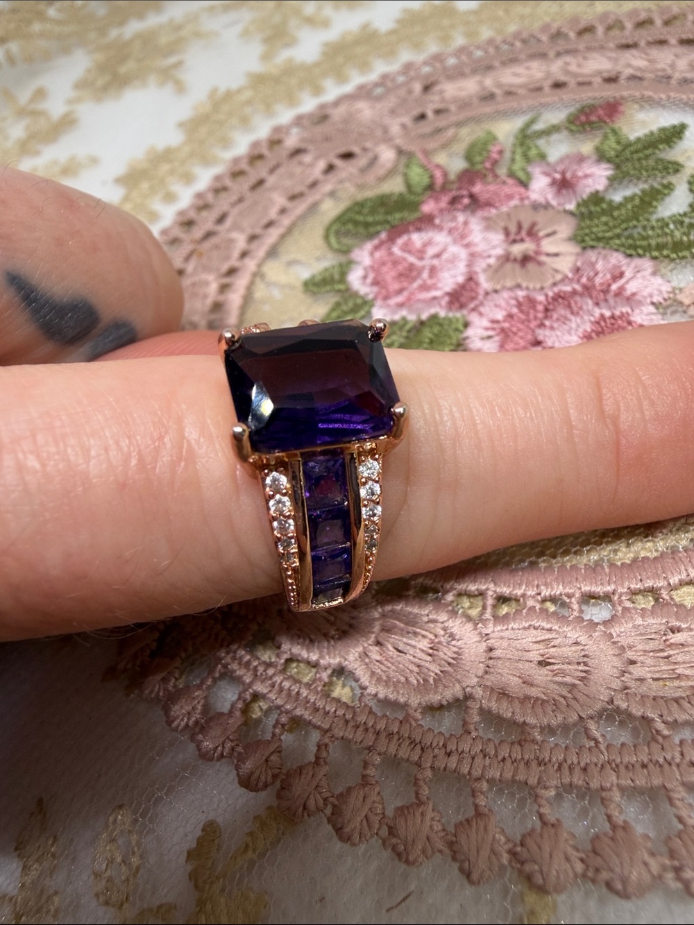 Custom Estate Amethyst Ring 18K Gold Over Sterling Silver | White Topaz Accents